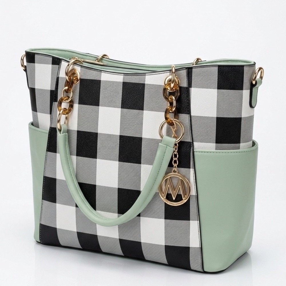 Mia K Collection Buffalo Plaid Tote Bag Sage Green White Vegan Leather - B008